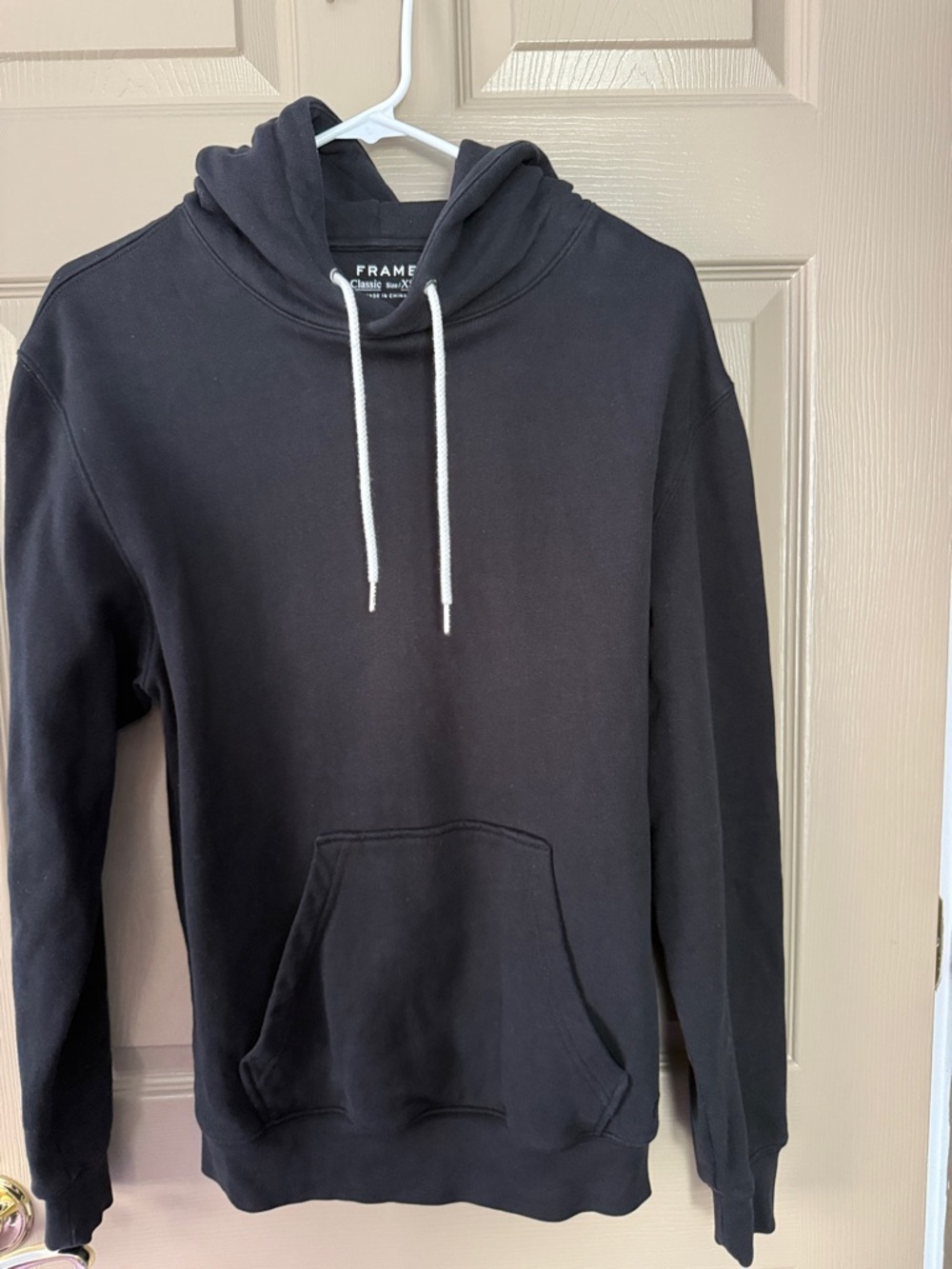Frame Denim Black Pullover Hoodie with White Drawstrings